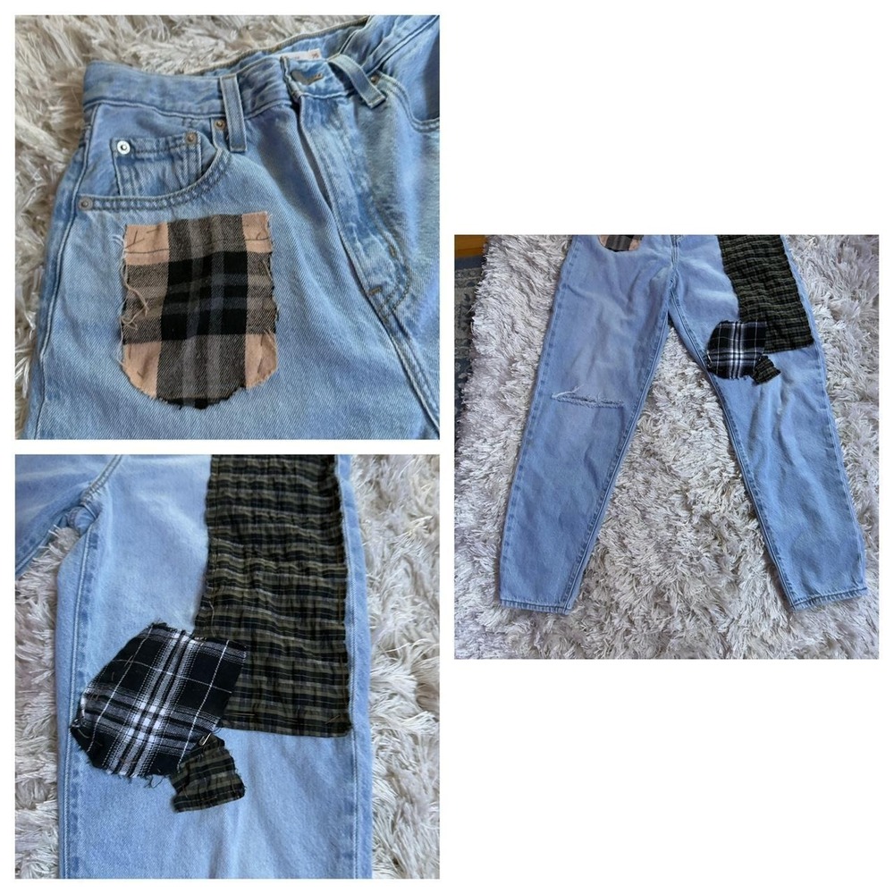Levis Premium High Loose Taper Plaid Patchwork High Rise Mom Jeans Womens 25 - Picture 3 of 8